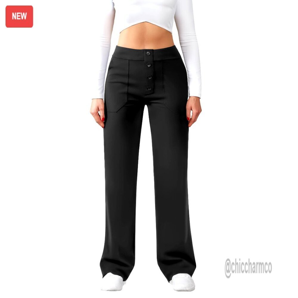 Stretchy High Waist Straight Leg Work Pants with Pockets